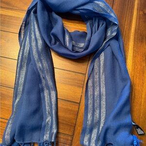 Eileen Fisher Blue and Silver shimmer Wool Scarf 20 X 78 Made in India